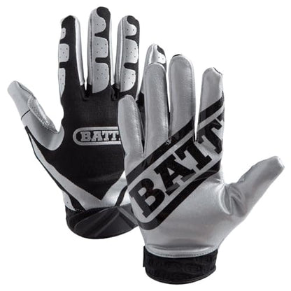 Battle Sports Ultra-Stick Wide Receiver Football Gloves - Adult & Youth Football Gloves - color: Silver/Black, size: Adult Large