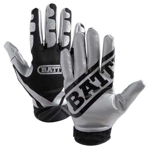 Battle Sports Ultra-Stick Wide Receiver Football Gloves - Adult & Youth Football Gloves - color: Silver/Black, size: Adult Large
