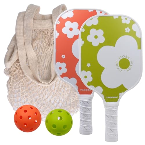 TOPPRO Pickleball Paddles Set of 2, Fiberglass Face, Polypropylene Honeycomb Core, Lightweight Pickleball Rackets 2 Pack - color: FLORA Orange & Green