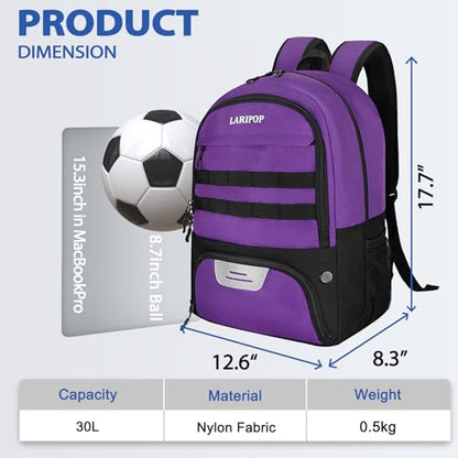 LARIPOP Soccer Backpack with Ball Holder & Shoe Compartment Large Capacity Youth Sports Bag for Training - color: purple