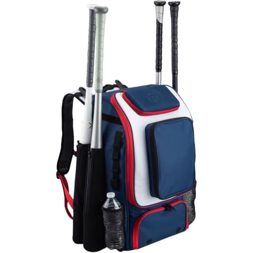 Tournament Backpack Baseball Bag, Large Capacity Bat Holder, Softball Bag with Shoe Compartment and Fence Hook, Red/White/Blue