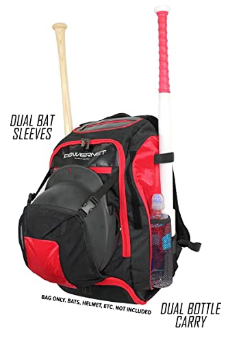 PowerNet Baseball Softball Backpack, Choose from 3 Colors Red Black Blue, Padded Helmet Carrier, Dual Bat Sleeves, Vented Cleat Compartment, Fence Hook, Hook and Loop Batting Glove Area - color: Red