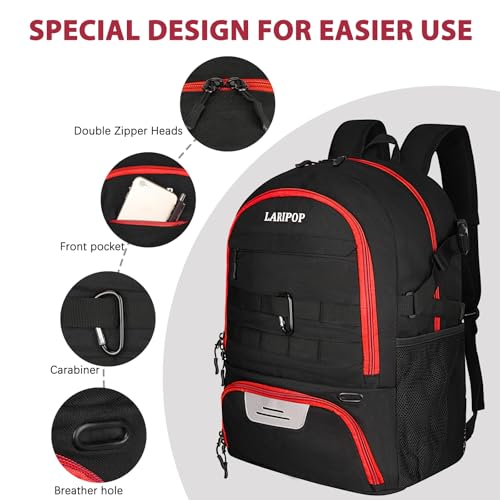 LARIPOP Soccer Backpack with Ball Holder & Shoe Compartment Large Capacity Youth Sports Bag for Training - color: Red