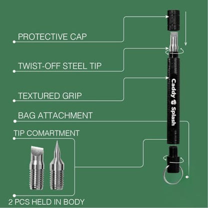 Caddy Splash Golf Club Groove Sharpener Tool - 3-in-1 Golf Club Cleaner for Wedge, Iron - Oblique, Straight, Spike Replacement Tips for U & V Grooves - Aluminum-Alloy Shaft, Heat-Treated Steel