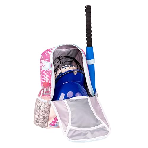 Youth Baseball Bat Bag Backpack, T-Ball & Softball Equipment Gear for Youth with Fence Hook, Lightweight Baseball Bat Backpack, Large Main Compartment for Helmet - color: Pink