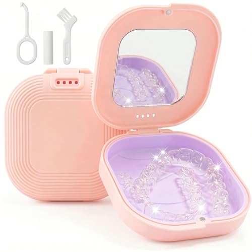 Retainer Case with Mirror, Aligner Case with Vent Holes for Invisalign, Portable Aligner Kit, Removable Silicone Liner, Orthodontic Storage Box Secure Magnetic Closure for Travel - Pink - color: Pink with Mirror