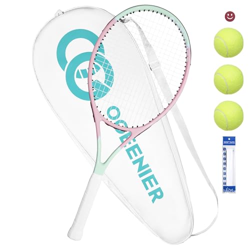 27 Inch Adult Tennis Racket Set, Pre-Strung Beginners Tennis Racquet, Lightweight and Recreational Aluminum Rackets with Overgrip, Tennis Balls and Tennis Bag for Men Women