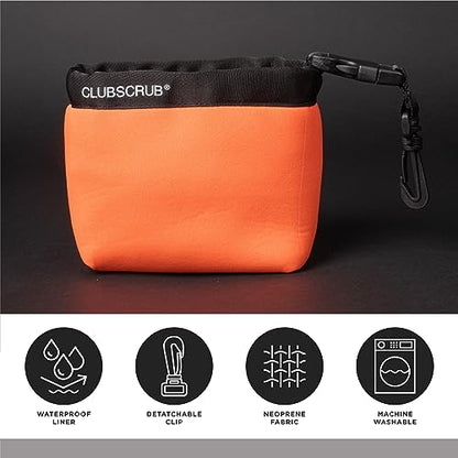 Club Scrub Golf Club and Golf Ball Cleaning Bag, Waterproof Clean Face Technology Liner, Detachable Clip, Machine Washable, Cleans Club Grooves, Dry Exterior (Neoprene or Microfiber Option Available) - color: Orange, style: Neoprene