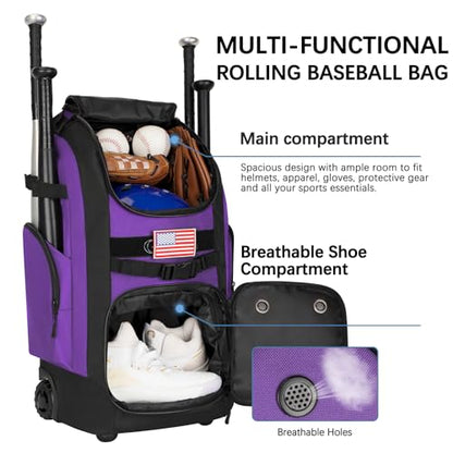 Rolling Baseball Bag with Wheels, 60L Capacity Wheeled Softball bag with Shoe Compartment for Youth & Adult, Bat bag with Hidden Straps,Fence Hook,Holds 4 Bat, Helmet, Glove - color: Purple