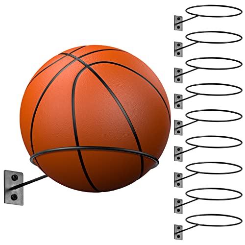 Lounsweer 10 Pcs Ball Storage Holder Wall Mount Metal Basketball Display Rack Sports Room Decor for Basketball Football Volleyball Soccer(5.3 Inch)