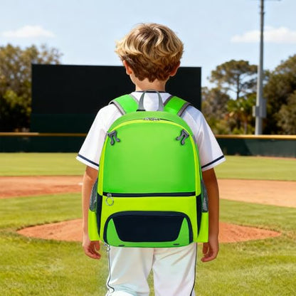 KAVIGOR 2026 Youth Baseball & Softball Bag | Ultra-Light Tball Backpack with Shoe Compartment & Helmet Holder | Skin-Soft Fabric - color: Green