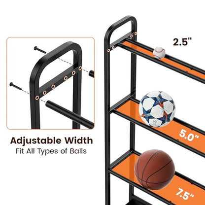 Adjustable Basketball Rack with Wheels, 4-Tier Sports Ball Storage Cart for Basketball Football Volleyball Soccer & More, Holds up to 20 Balls