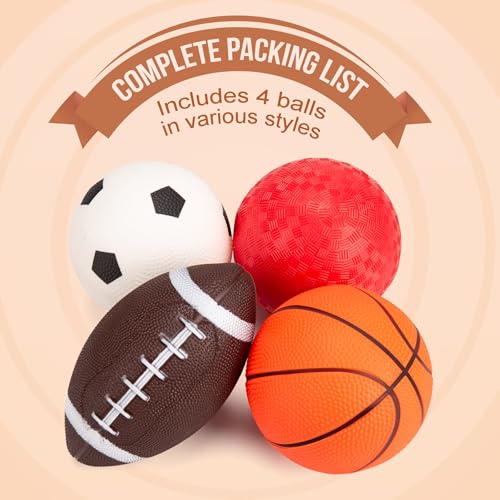 Soft Balls for Toddlers 1-3 3-5, Easy to Grip Toddler Toys 4 Pack 5" Small Balls & Pump - Mini Football Soccer Basketball Dodgeball - First Birthday Gift Baby Toys for Babies Boys Girls - color: 4 Inflatable Balls 5"