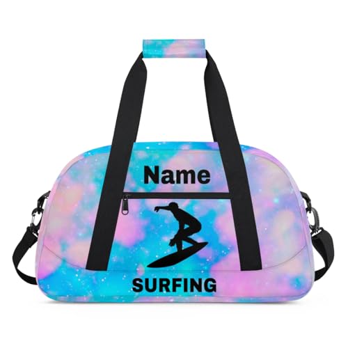 Custom Sport Duffel Bag Surfing Personalized Name Sports Bag Overnight Weekender Bag Waterproof Travel Sport Gym Bags, Blue Pink Glitter - color: Blue Pink, style: Surfing