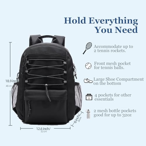 Tennis Bag, Tennis Backpack for Women Men 2 Rackets with Insulated Pocket Shoe Compartemnt for Pickleball Tennis - color: Black