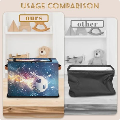 Soccer Sports Storage Bins with Zipper Lid Collapsible Storage Bags Foldable Stackable Storage Boxes Clothes Organizer Containers with PU Leather Handles (23L-1 Pack) - size: 1-Pack 14.2x10.2x10 in