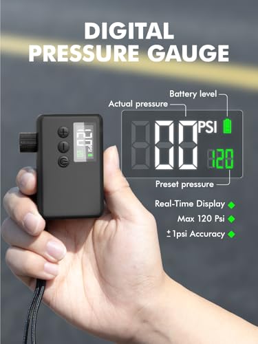 GPUTEK Mini Bike Tire Air Pump: Fast Inflate Portable Small Bicycle Electric Pump for Presta and Schrader Valves, 120 Psi High Pressure Pump with Digital Gauge for Road Bike, Mountain Bike, E-Bike