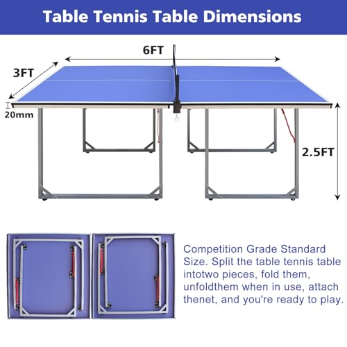 4.5/6ft/9ft Mid-Size Portable Ping Pong Tables Set, Foldable Table Tennis Table with Net,2 Paddles & 3 Balls, Multi-Use Free Standing Ping Pong Table for Indoor/Outdoor