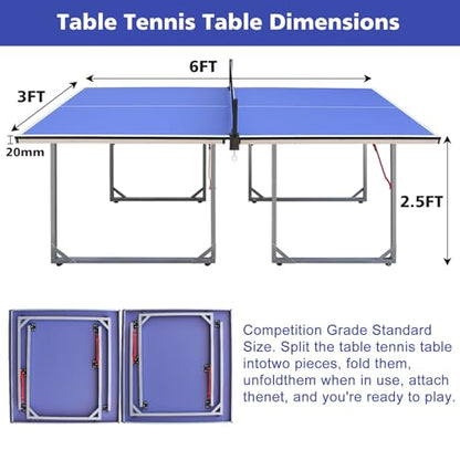4.5/6ft/9ft Mid-Size Portable Ping Pong Tables Set, Foldable Table Tennis Table with Net,2 Paddles & 3 Balls, Multi-Use Free Standing Ping Pong Table for Indoor/Outdoor