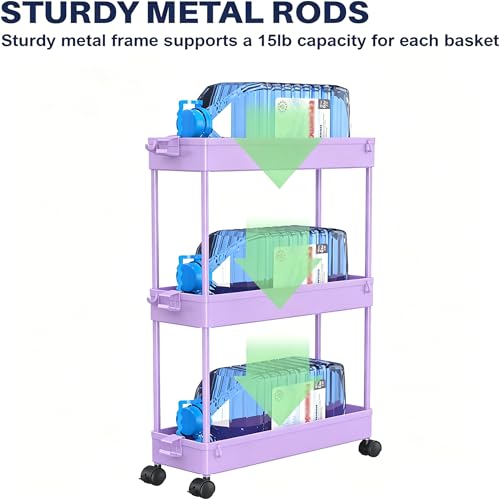 SPACELEAD Slim Storage Cart 3 Tier,Bathroom Organizer Rolling Utility,Mobile Shelving Unit Slide Out for Office, Kitchen, Laundry Room & Narrow Places,Purple - color: Purple