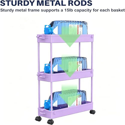 SPACELEAD Slim Storage Cart 3 Tier,Bathroom Organizer Rolling Utility,Mobile Shelving Unit Slide Out for Office, Kitchen, Laundry Room & Narrow Places,Purple - color: Purple