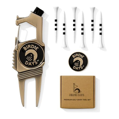 Ball Marker and Magnetic Divot Tool Gift Sets | Antique Silver or Brass Finish | 2 Markers | 1 Multi-Functional Golf Divot Repair | Bottle Opener | Groove Brush Cleaner | Premium Gift Box - color: Brass Set