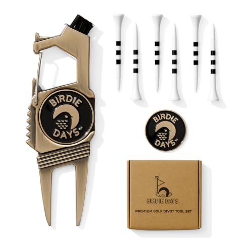 Ball Marker and Magnetic Divot Tool Gift Sets | Antique Silver or Brass Finish | 2 Markers | 1 Multi-Functional Golf Divot Repair | Bottle Opener | Groove Brush Cleaner | Premium Gift Box - color: Brass Set