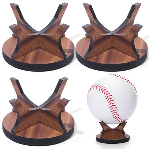 Sumind 3 Pcs Walnut Small Ball Stand Holder Sport Ball Display Rack Baseball Display Stand with 3 Pieces Non-slip Rubber Pads for Baseball Golf Softball Tennis Spheres, Wood - color: Wood