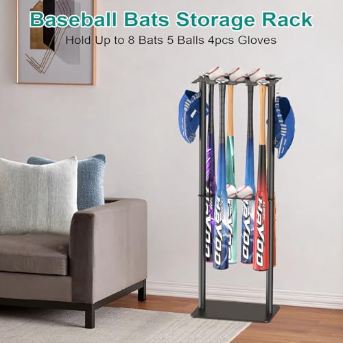 QBA Baseball Bat Holder Stand, Free Standing Bat Rack Holds Up to 8 Bats, 5 Balls, 4pcs Gloves, Bat Organizer for Home Garage Dugout, Black