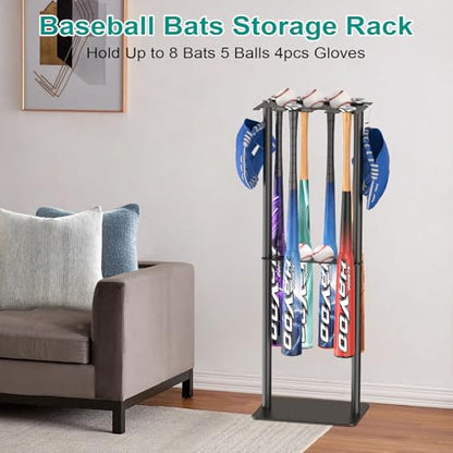 QBA Baseball Bat Holder Stand, Free Standing Bat Rack Holds Up to 8 Bats, 5 Balls, 4pcs Gloves, Bat Organizer for Home Garage Dugout, Black