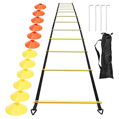 Sports Speed Agility Set 12 Disc Cones 4 Steel Stakes and Agility Ladder for Football Basketball Rugby