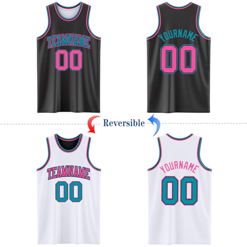 Custom Reversible Basketball Jerseys Men Youth, Personalized Sports Shirts Team Uniforms Printed Name Logo Number - color: Black and White - Teal and Pink