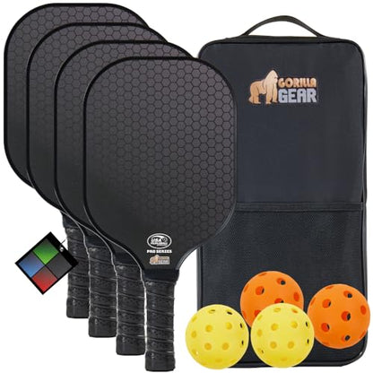 Gorilla Gear USAPA Approved Pickleball Starter Set, Fiberglass Paddles with Bag and Balls, Indoor Outdoor Court Use, Comfortable Racket Grip, Oversized Sweet Spot Pickle Ball Paddle for Men, Women