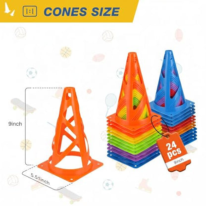 24 Pack Soccer Cones, 9 Inch Agility Cones for Soccer, Football, Basketball, Cones for Sports Training, Speed & Agility Drills, Field Marking Equipment