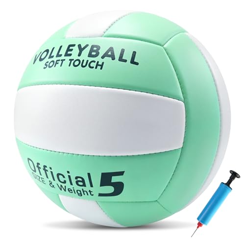 Soft Volleyball Official Size 5 for Indoor Outdoor Beach Sand Play Pool Gym Training, Soft Touch Thicker PU Volleyball with1 Ball Pump & 1 Air Needles for Adult - color: Green White