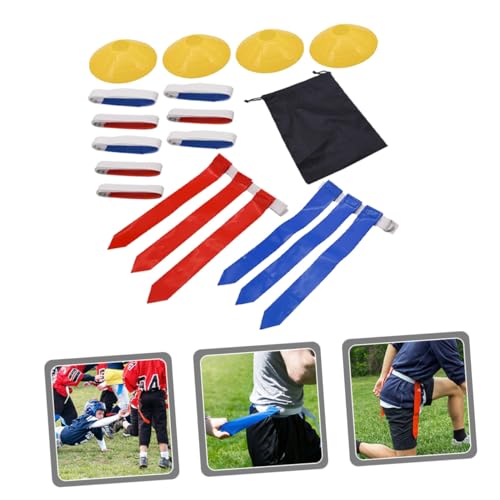ibasenice Youth Flag Football Belt Set Adjustable Rugby Waist Belts with 10 White Straps, 30 Flags, 4 Marker Cones and Black Drawstring Bag for Football Game Training and Competition