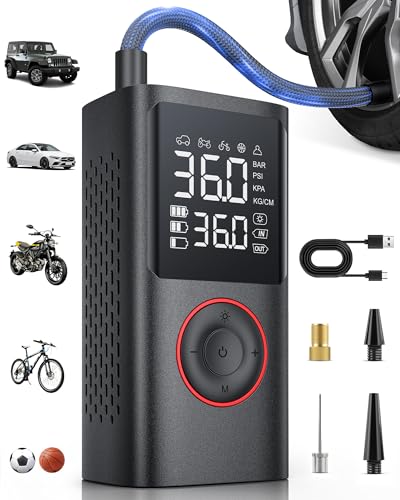Powools Tire Inflator Portable Air Compressor, 150 PSI Cordless Bike Pump, Air Pump for Auto, Motorcycle, Bicycle, Balls with Pressure Gauge, LED Light & Car Accessories, Black, Standard Capacity - color: Black, size: Standard Capacity