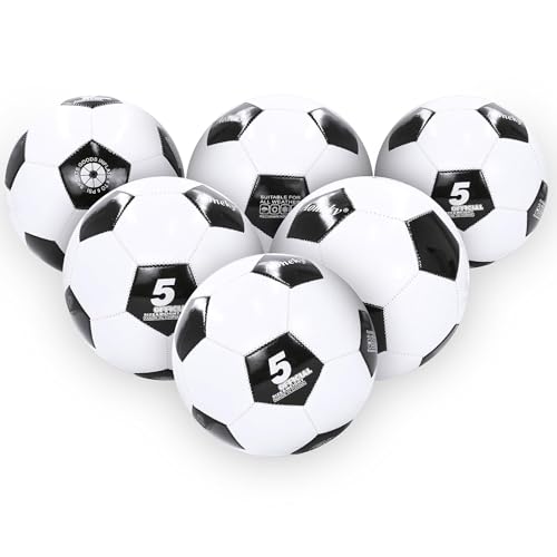 Aoneky Adult Size 5 Traditional Soccer Ball - Ships Deflated, Pump Included - color: White/Black, style: 6-Pack Deflated Ball with Pump