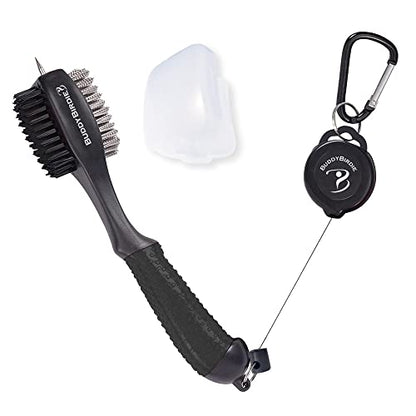 Retractable Golf Club Brush | Oversize Double Brush & Ergonomic Grip & Retractable Groove Cleaner & Lanyard - color: Black