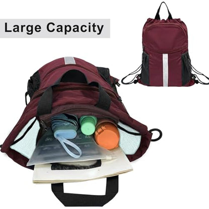 Drawstring Backpack with Shoes Bag Waterproof String Beach Bag for Sports Gym Swim（Red） - color: Red