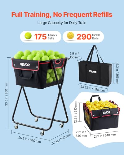 VEVOR Tennis & Pickleball Hopper Holds 200/175/150/120 Balls, 3-in-1 Tennis Foldable Pickleball Basket Cart for Easy Installation, Storage Bag for Tennis Training & Teaching - style: 175 Balls