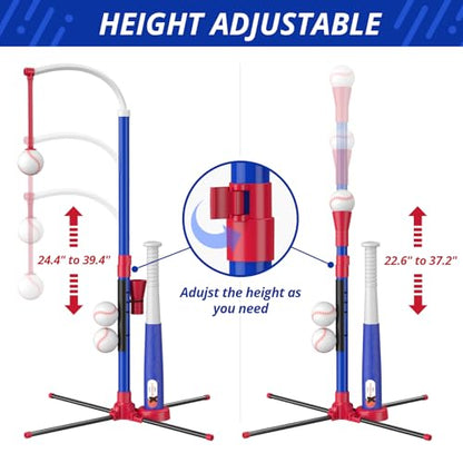 HYES 3-in-1 Baseball Set for Kids 3-5 - Tee Ball Stand, Hanging Tee, Ball Launcher and 6 Softballs - Adjustable Height, Indoor/Outdoor Sport Gifts for Boys Girls, Blue