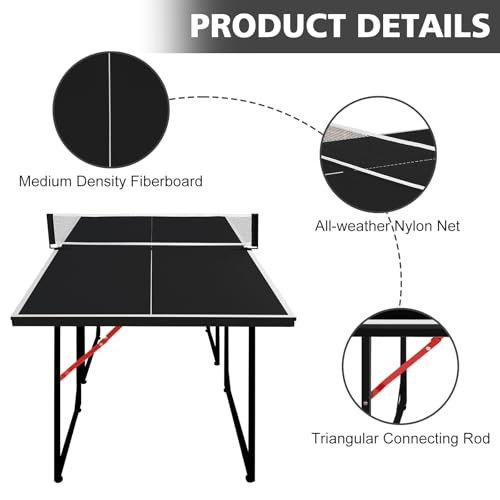 6FT Ping Pong Table Foldable Midsize Table Tennis Table for with Net, Table Tennis Paddles and Balls, MDF Multi-Use Family Game Table Assembly Free for Kid Teenager Adult, Compact & Portable