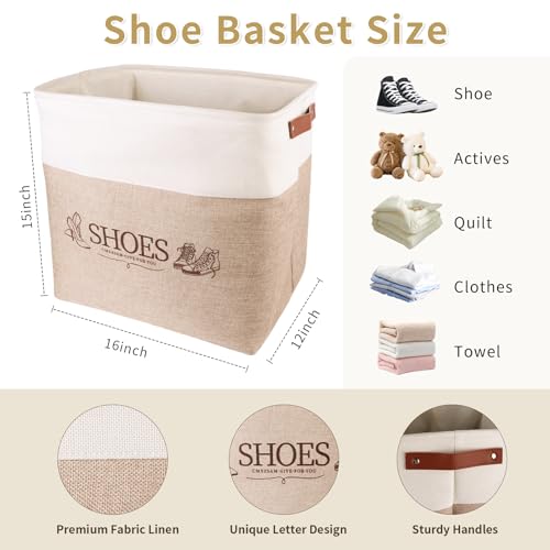 Shoe Basket Organizer, Large Capacity Fabric Entryway Shoe Storage Bin with Handle, Flodable Space-Saving Shoe Basket for Entryway, Hallway, Entryway and Mudroom - color: Khaki, style: Leather Buckle
