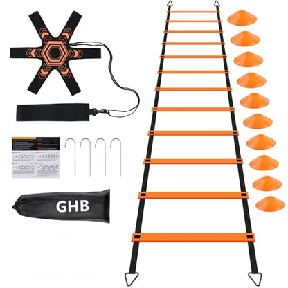 GHB Pro Agility Ladder Soccer Kick Trainer Set 20ft 12 Rung 10 Cones and 4 Stakes Speed Agility Football Training Equipment with Carrying Bag - color: Orange