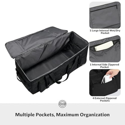 STOVER 45/80/100L U-Zip Rolling Duffel Bag with Wheels, X-Large Durable Travel Duffle + Toiletry Bag, Lay-Flat Opening, Packable w/Shoulder Straps- Use as Luggage or Backpack, Men/Women (Black) - color: U-Zip Black