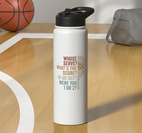 Whose Serve What's the Score Funny Pickleball Questions Stainless Steel Insulated Water Bottle - color: White
