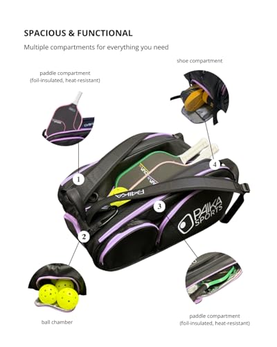 Detachable Pickleball Bag, Black with Purple Accents, Large Capacity, Multiple Compartments, Detachable Side Bag, Padded Straps for Paddles and Gear