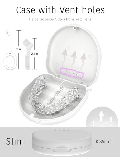 HEMILAB Retainer Case, Compatible with Invisalign, Vivera, Slim Aligner Case with Vent Holes, Portable Orthodontic Container with Removal Tool, Brush and Lanyard, White