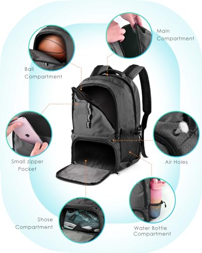 BROTOU Basketball Backpack, Large Basketball Bag with Shoes and Ball Compartment, Soccer Backpacks for Basketball/Volleyball - color: Dark Grey
